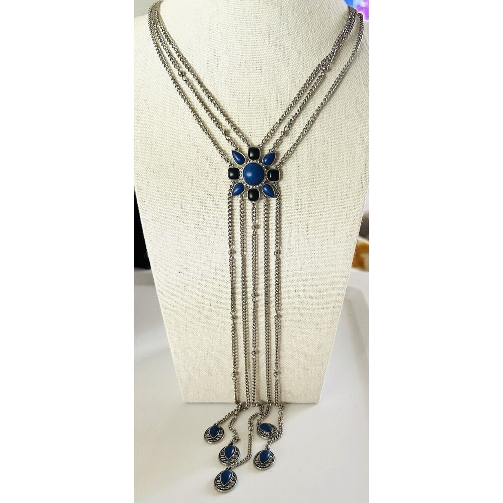 Vintage Silver Tone Layered Blue Cabochon Tassel Necklace Boho Southwestern